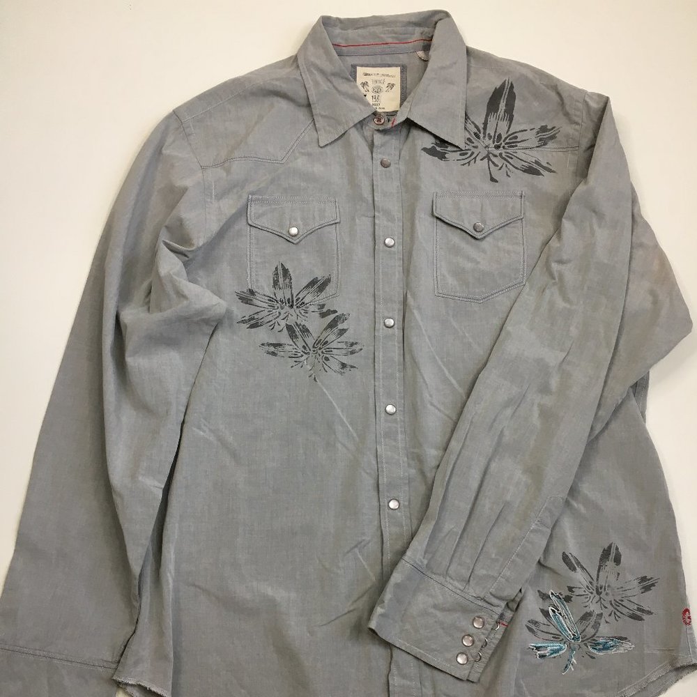 GUESS Gray Multi-color Embroidery Pearlized Snap Button Shirt